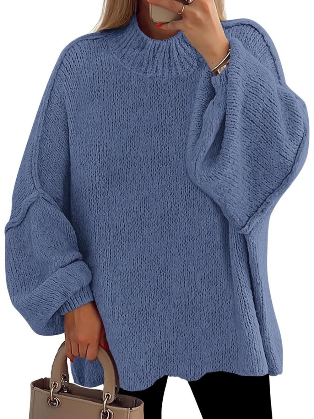 Women Blue Cozy Oversized Mock Neck Drop Shoulder Chunky Knit Slouchy Sweater